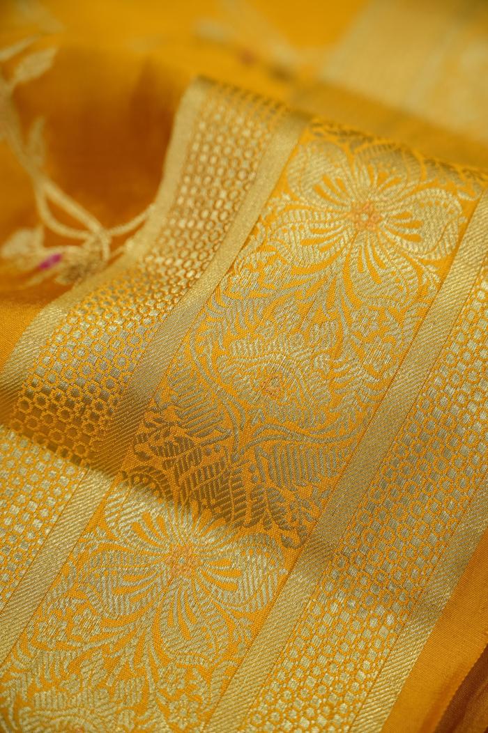 Golden Mustard Raw Mango Dupion Banarasi Saree 