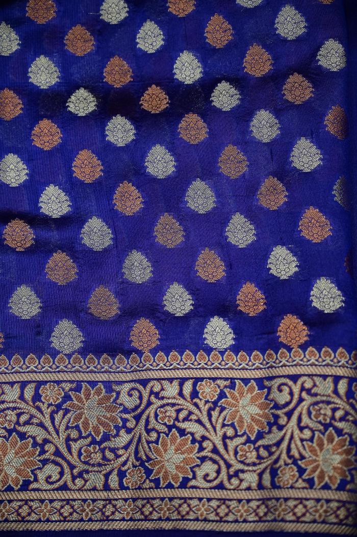 Navy Blue Raw Mango Dupion Banarasi Saree