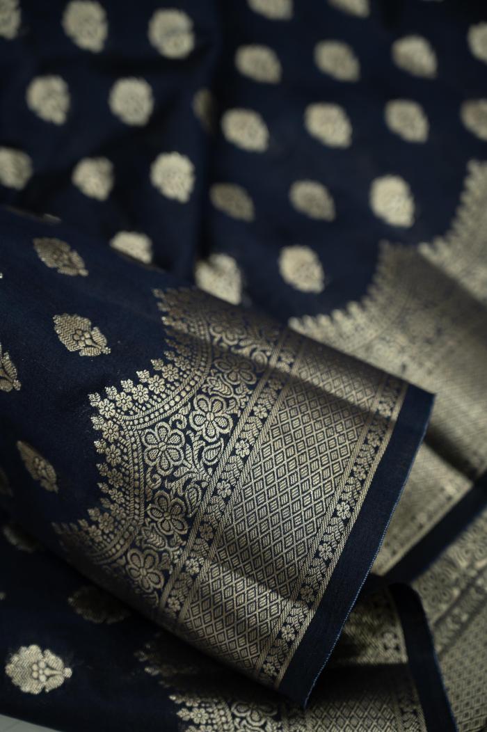 Pure Banarasi Chynia Golden Zari Navy Blue Saree