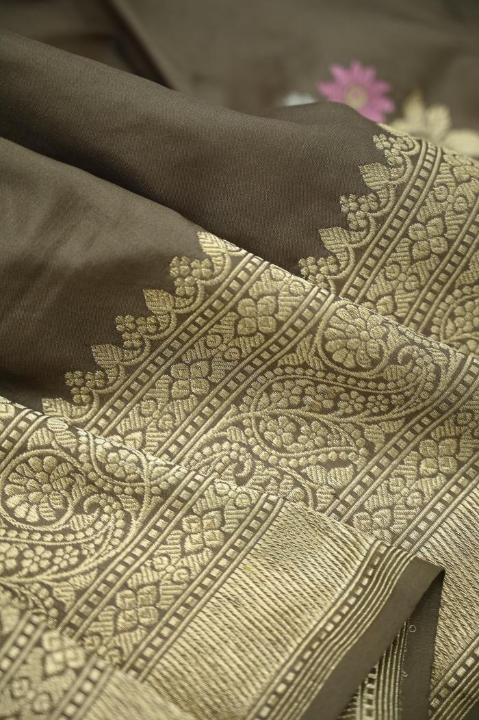 Pure Katan Meenadar Kadhwa Brown Boota Saree