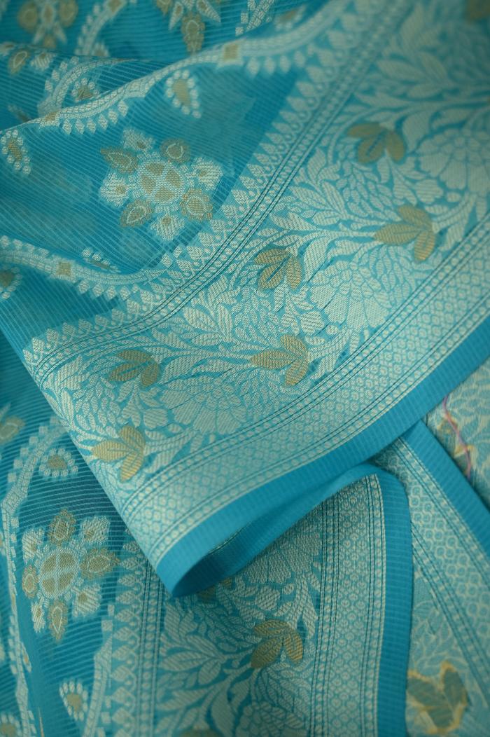 Supernet Ferozi Blue Weaved Banarasi Saree