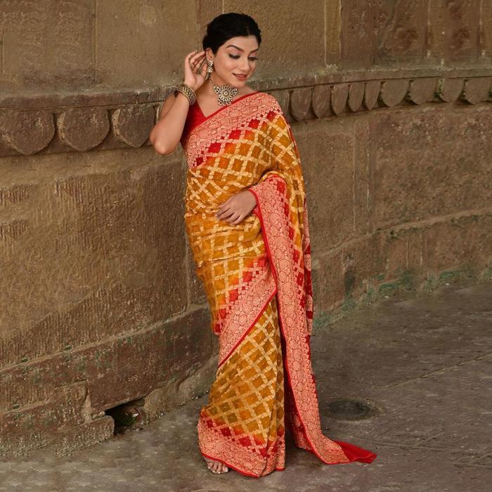 Pure Banarasi Khaddi Georgette Bandhej Contrast Dye Saree