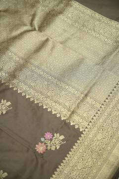 Pure Katan Meenadar Kadhwa Brown Boota Saree