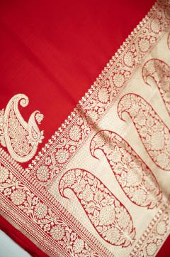 Pure Satin Kadhwa Blood Red Banarasi Saree