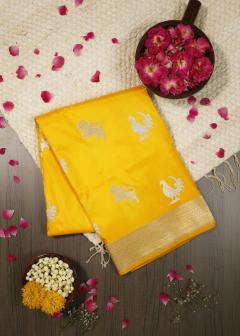 Pure Banarasi Katan Shikargah Sunshine Yellow Saree